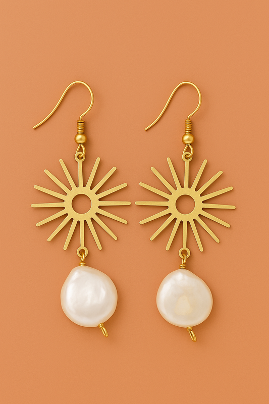 Golden Sunburst Pearl Drop Earrings