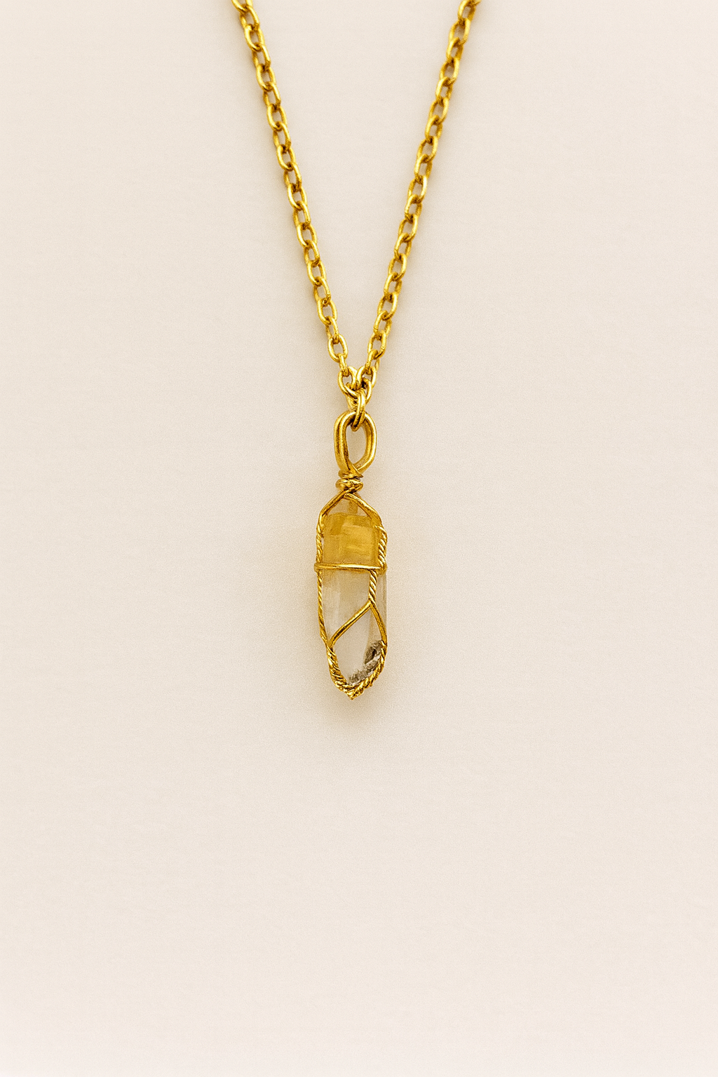 Two-Tone Raw Crystal Pendant Necklace — Gold Wire-Wrapped