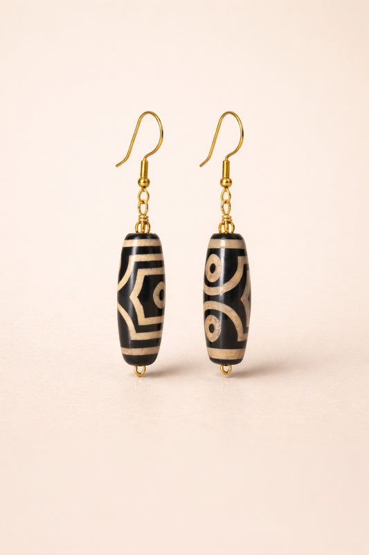 Sacred Pattern Drop Earrings — Black Agate